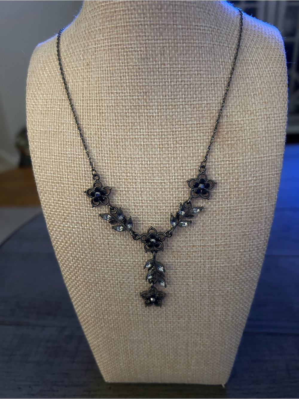 Black Floral Drop Necklace with Leaf Accents
